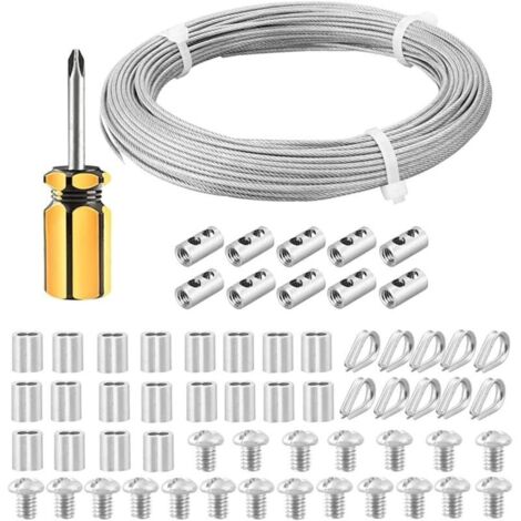 30M Cable Acier pour Plantes Grimpantes, 2mm Câble en Acier Inoxydable Enduit de PVC Avec Cosses M2 & Serre-Câbles en Acier, Idéal pour Suspension de Cadres, Rideaux et Luminaires Intérieurs