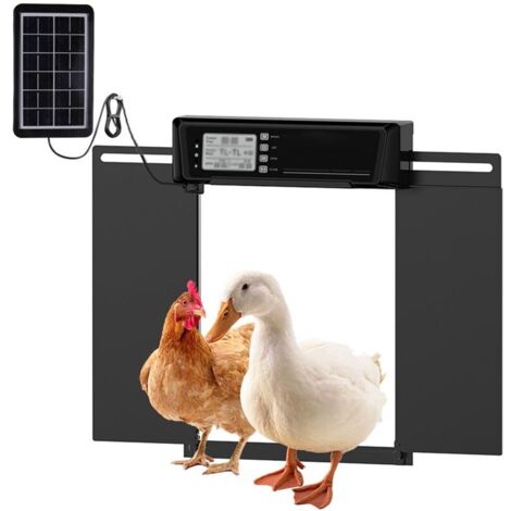 Grande porte de poulailler automatique, avec minuteur et capteur de lumière, fonction intelligente anti-pincement, écran LCD programmable et télécommande, énergie solaire et deux méthodes