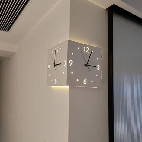 Horloge murale d'angle double face numérique silencieuse – Installation simple – Design minimaliste pour salon – Couleur blanche