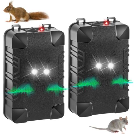 Lot de 2 répulsifs anti-rongeurs à ultrasons – Lumière stroboscopique – 3 méthodes d'alimentation – Protection voiture et camion