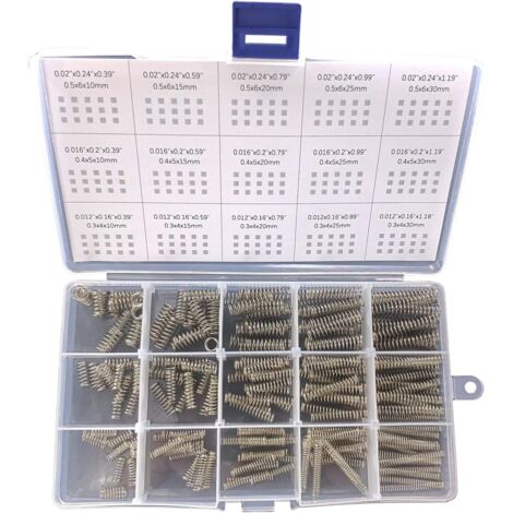 Assortiment de 225 ressorts de compression en inox 304 – 15 tailles de 1 à 3 cm – Diamètres de 0,4 à 0,6 cm – Pour réparations diverses