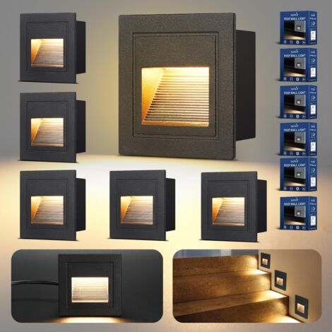 Éclairage D'escalier 3W 300lm - 6 Pack, Éclairage LED des Marches D'escalier 230V 3000K, 85x85mm, IP65 Encastrement Mural Éclairage Pour Escalier Mur, Boîtes D'encastrement 68mm, Aluminium Noir [Class