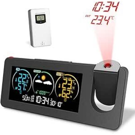 Réveil lumineux avec projection 0,5 à 3 m – Moniteur météo sans fil avec capteur extérieur – Alimentation secteur – Rétroéclairage coloré (1/4)