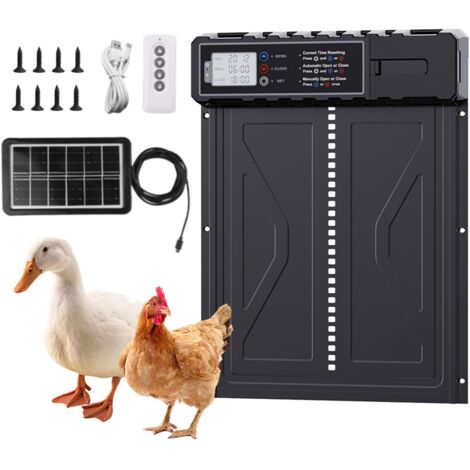 Trappe de poulailler électrique solaire en aluminium automatique avec écran LED, minuterie, anti-pincement et télécommande, pour poulailler élevage sûr de poulaillers (1/5)