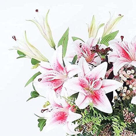 Fleurs Artificielles Faux Fleurs de Lys 5 Bouquets Faux Bouquet de Fleurs Real Touch Latex Artificial Lilies Flowers Faux Bouquets de Mariage Lily pour décor de fêtes de Mariage(Pink)-Fei Yu (1/5)