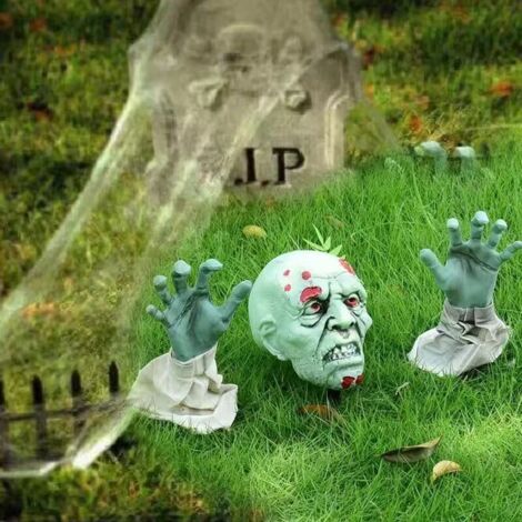 Piquets de Pelouse Réalistes pour Visage et Bras de Zombies d\'halloween, Tête et Mains en Os de Squelette Vert (1/5)