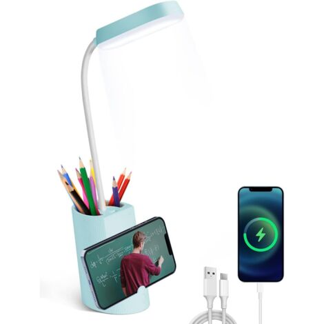 Lampe de Bureau Enfant, Lampe de Bureau LED Tactile Dimmable 3 Niveaux de LuminositéRe Chargeable Animal Desk Lamp Sans Fil, Porte-Stylo et Support - Bleu-Fei Yu