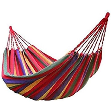 Hamac d'extérieur de Camping, en Plein air Portable en Toile, à Rayures Mélangisme Lit d'extérieur Patio Jardin Backpacking Loisirs Jardin Hamacs Ultraléger avec Sac (190 150cm, Rouge)-Fei Yu (1/4)