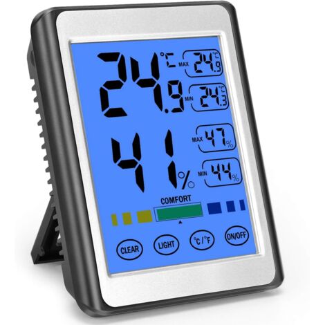 Thermomètre Hygromètre Numérique Intérieur pour l’Affichage de Température et D'humidité Indicateur avec Rétroéclairage, ℃/℉Commutable, Grand écran, Station Météo Mémoire de Max/Min-Fei Yu