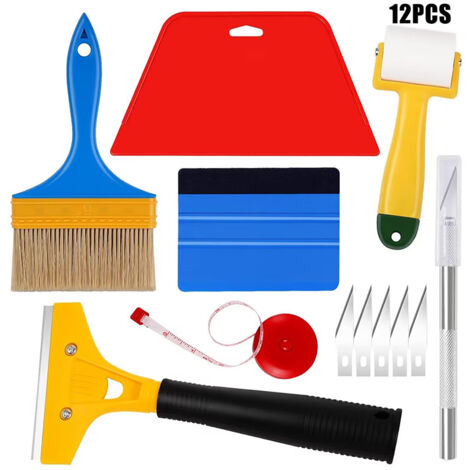 Ensemble d'outils de lissage de papier peint de grattoir de voiture, avec rouleau de grattoir, couteau de coupe, ruban à mesurer, couteau à mastic, 12 paquets (1/5)