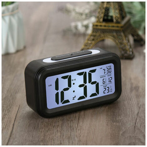 Ersandy – Réveil lumineux avec écran miroir LED 17 cm – Alimentation USB – Affichage température et date – 2 niveaux de luminosité – Fonction snooze