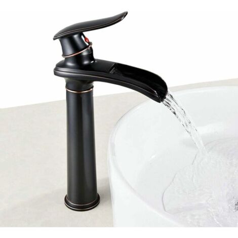 Robinet Cascade avec Haut Bec Mitigeur Lavabo Haut Mono-trou,Robinet Mitigeur pour Lavabo pour Salle Bain, Noir, Bec Haut, (1/5)