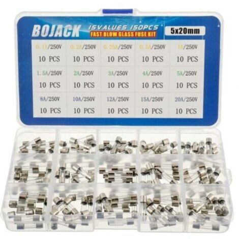 15 Valeurs Assortiment de fusibles en verre avec raccord rapide 150pcs 5x20mm 250V 0,1 0,2 0,25 0,5 1 1,5 2 3 4 5 8 10 12 15 20A Conditionnement en boite plastique transparente