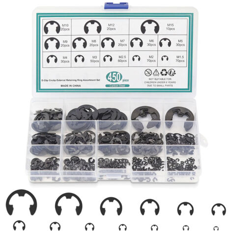 450 pièces de pinces en E, assortiment de bagues de retenue, anneaux de serrage flexibles externes en acier à ressort pour la fixation des poulies d\'engrenages de roulement, 13 tailles (1/5)