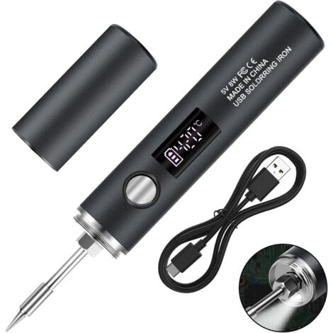 Kit de fer à souder à piles, fer à souder rechargeable USB avec écran LCD et mode d\'éclairage, 5 températures réglables 260℃-450℃, fer à souder professionnel complet et sûr - noir (1/5)