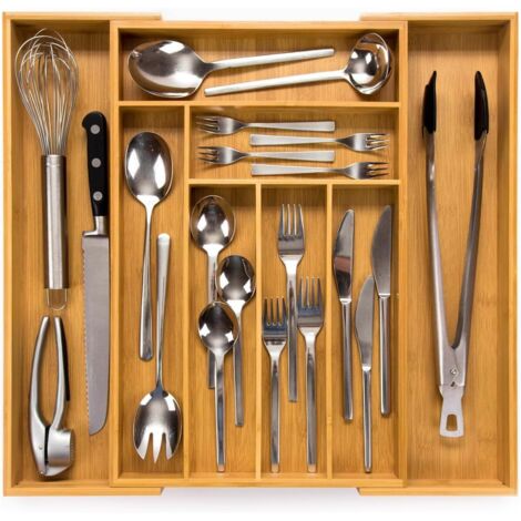 Range-couverts 43 (profondeur 43 cm) en bambou – Système de rangement de tiroirs pour la cuisine – Range-couverts pour tiroirs en bambou – Extensible – Organiseur de cuisine…