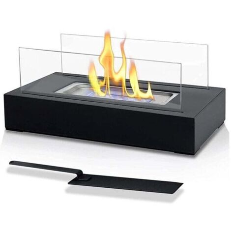Cheminée bioéthanol，Cheminée Éthanol de Table - Portable,Réctangulaire, Noir, en Acier Inoxydable, 2 Panneaux en Verre, pour Intérieur/Extérieur - Poêle Bioéthanol, à Poser au Sol, Mobile