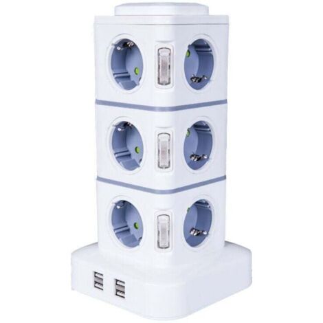 Tour Multiprise, 12 Prises Multiprise Electrique (2500W / 10A) avec 4 Ports USB, Multi Prises électriques Parafoudre Multiprise Verticale pour Maison Bureau, Rallonge 3M