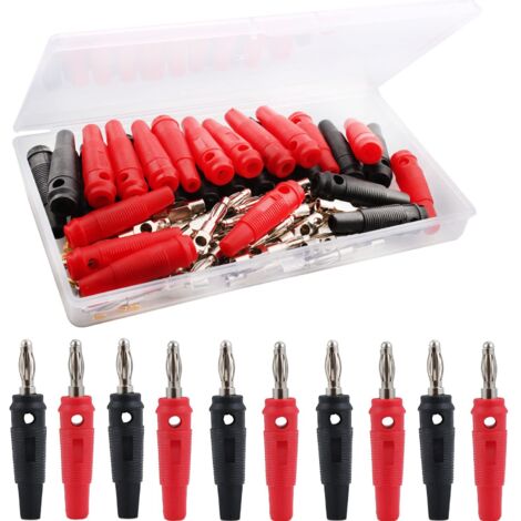 Alovez – Lot de 30 fiches bananes 4mm – Connecteurs audio pour enceintes HiFi et amplis – Plastique souple et métal – Couleurs noir et rouge