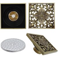 Scarico a pavimento per bagno in ottone - Scarico per doccia quadrato singolo intagliato a fiore antico per WC da giardino 10 x 10cm-8732T