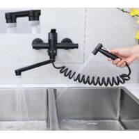 Rubinetto da cucina, montaggio a parete, da cucina con pistola a spruzzo, girevole a 360°, tubo girevole da 23 cm, caldo e freddo, 4 modalità di funzionamento, acciaio inox 304, nero