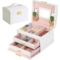 Boite a Bijoux, Rangement Bijoux Boite a Bijoux Femme, Boîte à Bijoux en Cuir PU avec 2 tiroirs, Coffre à bijoux verrouillable avec miroir, Boîte de voyage portable, Doublure en velours