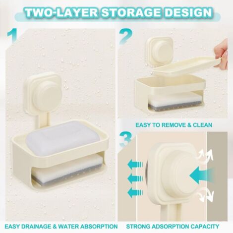 Porte Savon Ventouse Amovible Avec Évacuation - Boîte à Savon Sans Percage Blanc Salle De Bain Cuisine
