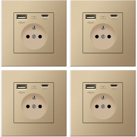 Lot de 4 prises murales avec USB et Type-C, 5 V 2,1 A, prise USB encastrée standard UE, multiprise France, 110-250 V (Doré)