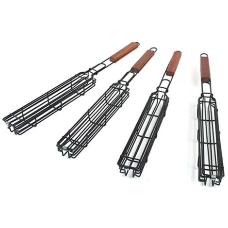 Lot de 4 paniers de barbecue avec grille verrouillable à long manche en bois - Antiadhésifs - En acier inoxydable - Pour barbecue,poissons,légumes,saucisses,oignons (1/5)