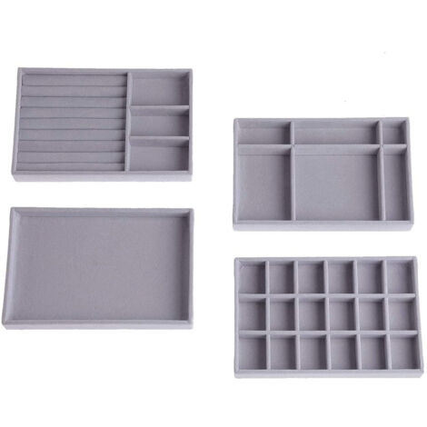 Organisateur bijoux tiroir – Lot de 4 plateaux en velours gris – 15 compartiments, 6 compartiments, plateau à bagues – Rangement élégant et sécurisé – Einemgeld (1/5)