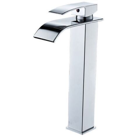 Robinet de salle de bain à bec haut cascade en laiton mitigeur de lavabo robinet de lavabo chromé design moderne (1/4)