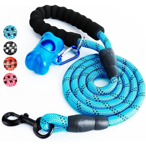 Laisse Chien, Laisse Corde pour Chien avec Poignée Rembourrée Douce, Fils Très Réfléchissants, Sacs à Déchets et Distributeur pour Chien, 1,5 m Corde Laisse pour tous les chiens de taille, Bleu (1/5)