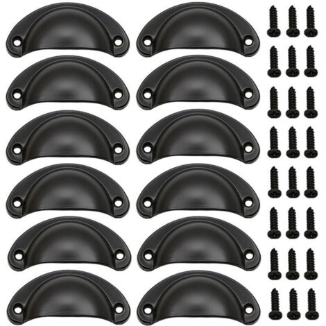 12Pcs - Noir Poignée de Coquille Vintage pour Tiroir Armoire Meuble Cuisine, Fer Incurvé Poignée de Tiroir Coquille 8.2 x 3.5 cm, Poignée de Meuble Vintage avec Vis (1/4)