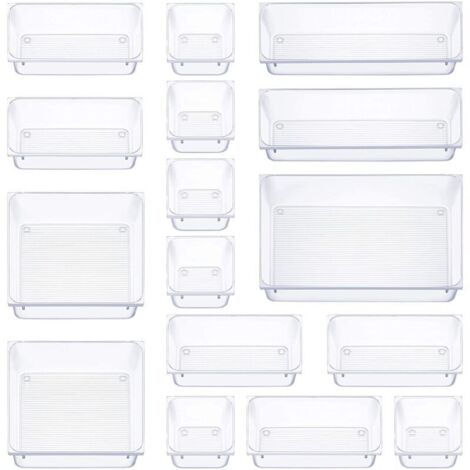 16 pièces organisateur tiroir, 5 tailles boite rangement tiroir, antidérapant organiseur maquillage, pour papeterie de bureau rangement, commode, salle de bain, cuisine (transparent) (1/4)