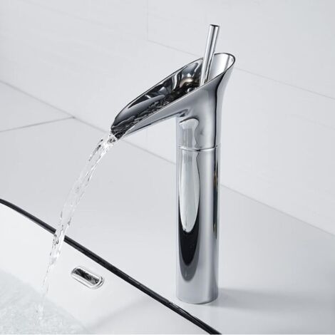 Robinet de lavabo, mitigeur cascade de salle de bain, eau chaude et froide réglable, matériau en laiton chromé, résistant à la corrosion et à la rouille, adapté au lavage des mains de la salle de bain (1/4)