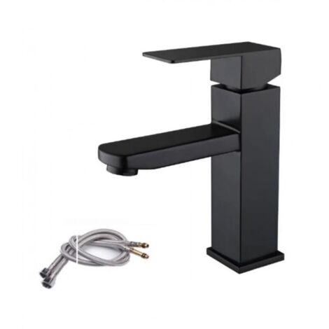Mitigeur lavabo noir acier inoxidable levier unique eau chaude et froide avec tuyaux inclus robinet lavabo noir mitigeur salle de bain noir (1/4)