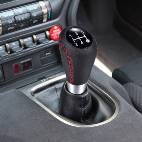 Jeffergarden Pommeau de levier de vitesse manuel pour voiture, cuir noir, coutures rouges, 5 vitesses, universel, 8 mm, 10 mm, 12 mm (1/5)