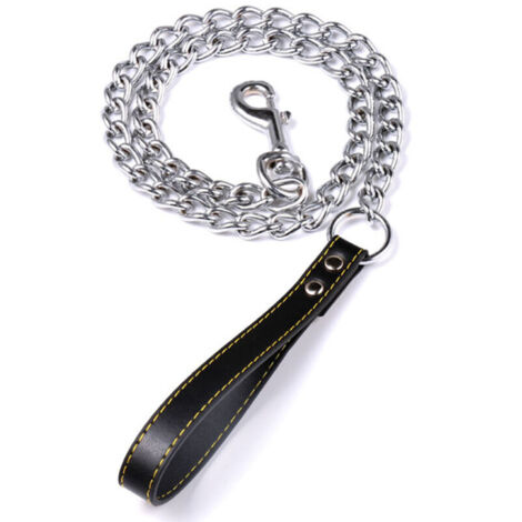 Jeffergarden Laisse-chaîne de dressage pour chiot - Poignée en cuir PU, 4mm x 120cm noir - Résistance et confort (1/2)