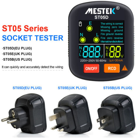 Jeffergarden Testeur de prise numérique portable 30-250 V, détecteur de tension RCD, outil de vérification de polarité de terre et de phase avec écran couleur (1/5)