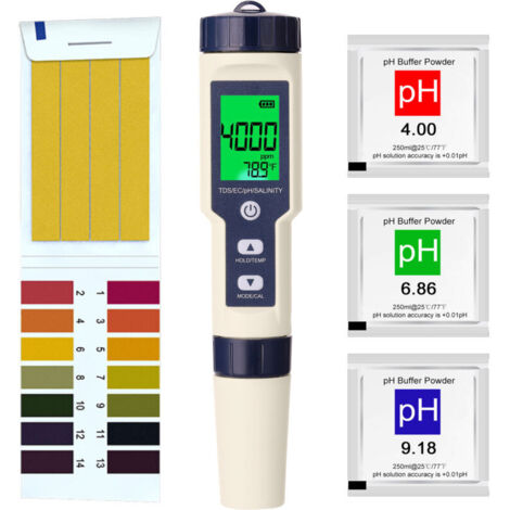Jeffergarden Testeur multifonctions professionnel 5 en 1 pour l'eau : pH, conductivité électrique, TDS, salinité et température (1/5)