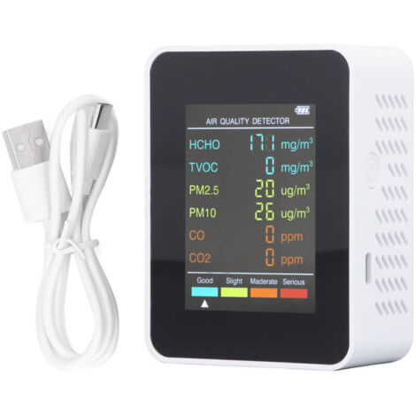 Jeffergarden Moniteur de qualité de l'air portable avec écran LCD rétroéclairé, détecteur de CO2, COVT, HCHO, PM2.5 et PM10, avec alarme, blanc (1/5)