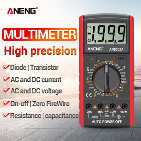 Jeffergarden ANENG AN9205A Multimètre numérique 3 1/2 Écran LCD 1999 Compteur Gamme manuelle Compteur universel Résistance AC DC Capacité Transistor Testeur Ampèremètre multifonctionnel avec rétro-écl (1/5)