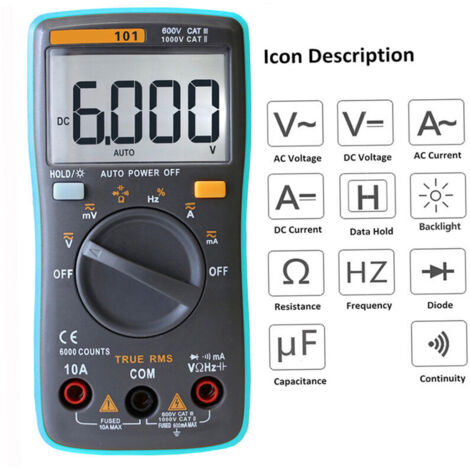 Jeffergarden RM101 True RMS Multimètre numérique LCD multifonctionnel DMM DC Tension AC Compteur de courant Résistance Diode Testeur de capacité Mesure Identification automatique de polarité Ampèremèt (1/5)