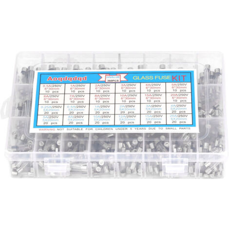 Jeffergarden Kit de 360 fusibles en verre (0,25 A à 20 A, 24 types, 6 x 30 mm et 5 x 20 mm) pour la protection des circuits (1/5)