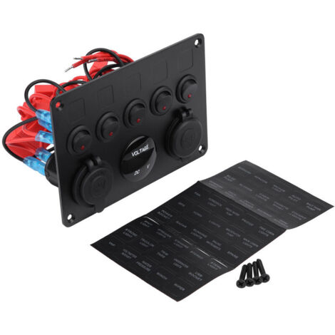 Jeffergarden Panneau de commande à 5 interrupteurs marche/arrêt 12-24 V avec double port USB et voltmètre pour voiture, bateau, camion, véhicule tout-terrain et LED rouge (1/5)