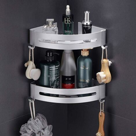 sans Perçage (Étagère D'angle) Etagère de Douche Etagère de Salle de Bain Aluminium Antirouille Stockage Rangement 2 Tablettes pour Shampoing Savon (1/5)