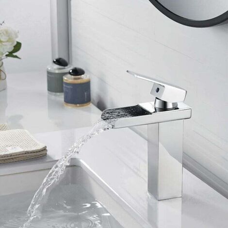 Robinet Salle Bain Cascade Chromé Mitigeur Lavabo en Laiton Moderne Mitigeur Salle de Bain Robinet Lave Main Argent, G3/8 (1/5)