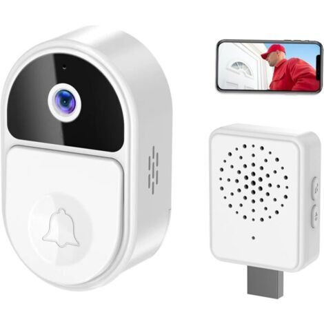 Sonnette vidéo intelligente, caméra de sonnette vidéo WiFi,batterie 1000 mAh,changement de voix,Blanc (1/5)