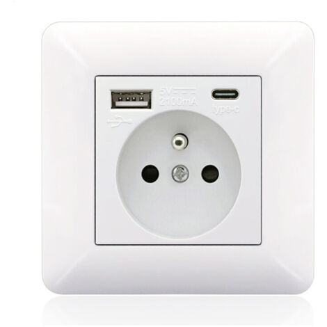 Panneau de prises françaises Type-c+USB16A Type 86, nombre de prises : 2 trous, nombre de ports USB : 1, nombre de ports type-c : 1, sûr et ferme(arc blanc) (1/5)