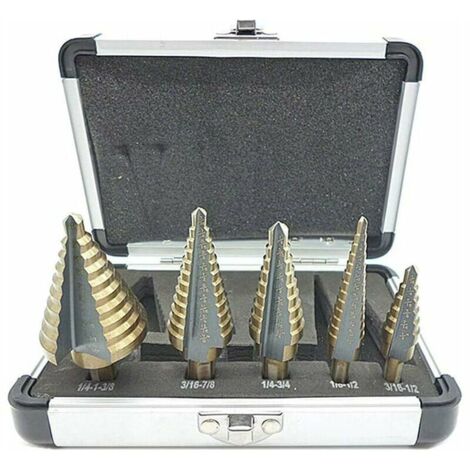 5 Pcs Foret Fraise Meche Etage, Foret Étagé, avec Boîtier en Aluminium Professionnel, Tige Hexagonale, avec Tampon de Centrage Automatique, Perçage Précis Dans L'acier, le Métal